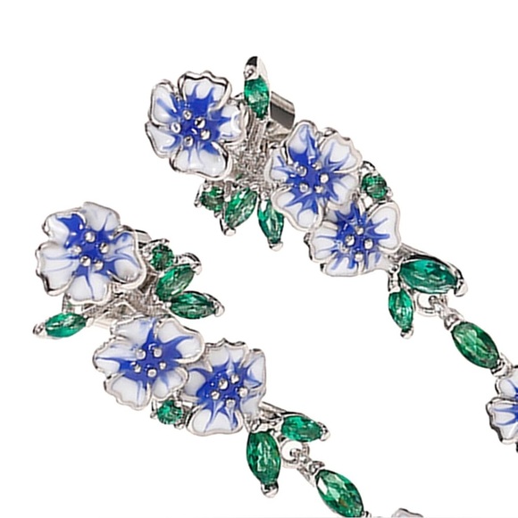 NIB 925 Plated Enamel Flower Inlay Drop Earrings with Crystal Accents - Picture 14 of 16